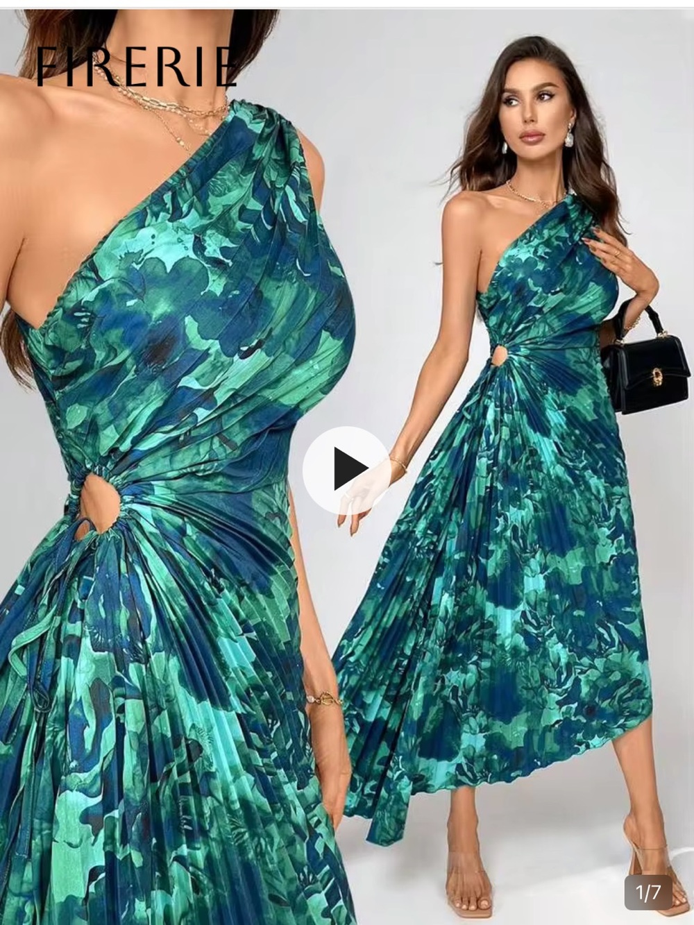 One-Shoulder Green Print Midi Dress